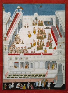 Maharana Jagat Singh II和贵族观看Raslila舞蹈剧，第1736-40页（不透明的wc和黄金在纸上） 作者 印度学校